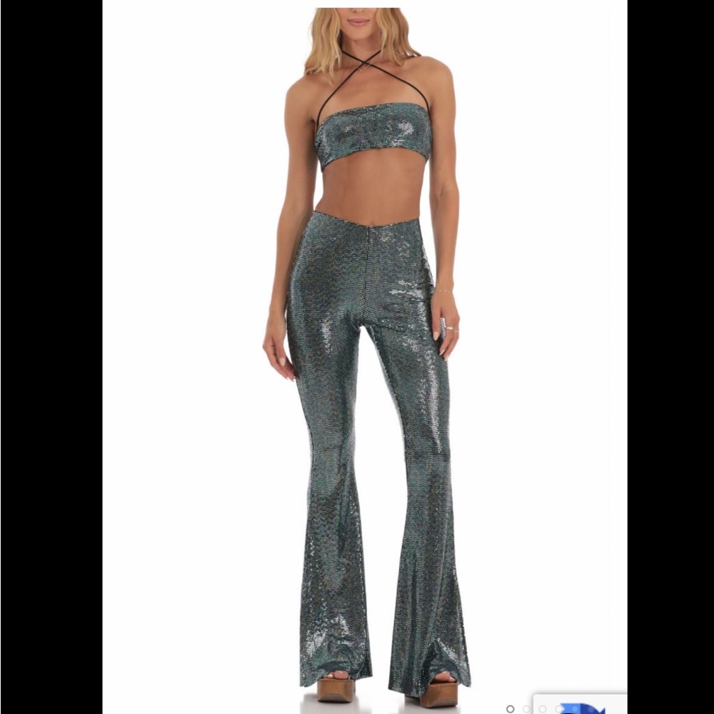 Peony Holographic Green Sequin Two Piece Set in Black Lucy In the Sky